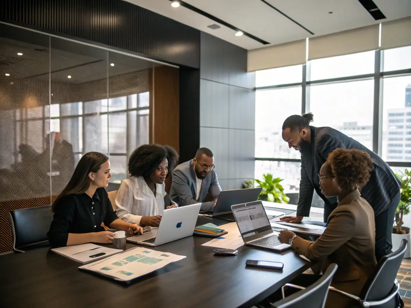 A professional in a modern office setting, participating in a group discussion during a training session, with laptops and presentation slides visible in the background. The scene conveys collaboration and active learning.