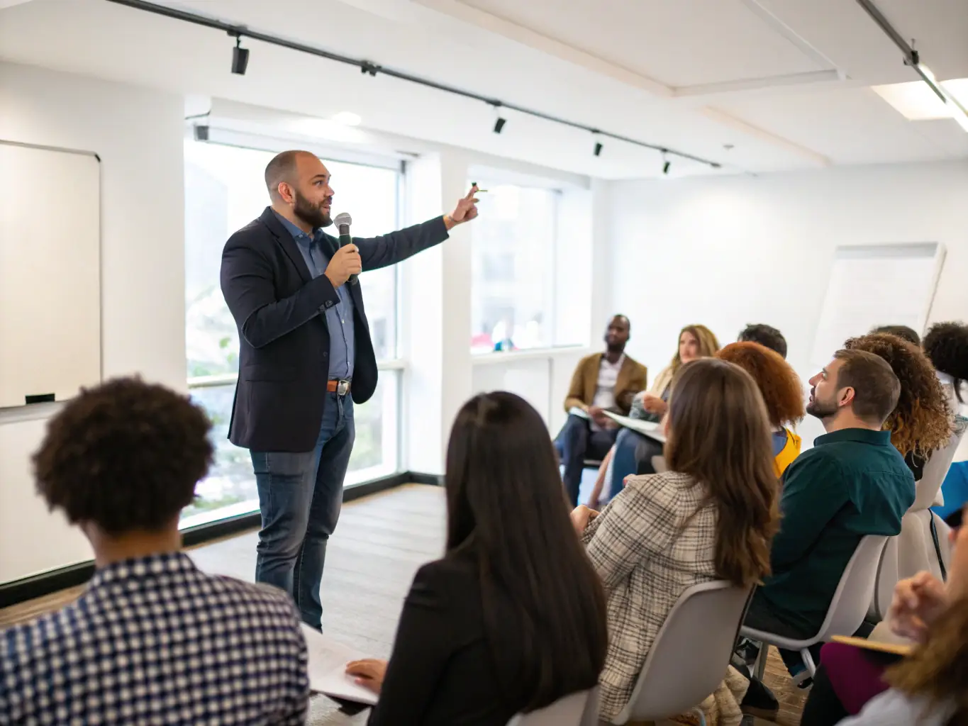 A confident leader addressing a team in a boardroom setting. The leader is gesturing and making eye contact, while the team members are attentively listening and taking notes, showcasing leadership and engagement.
