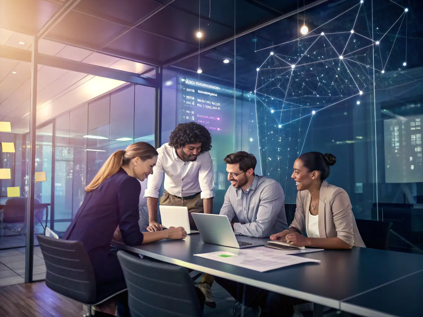 A diverse team of professionals collaborating on a project in a brightly lit, modern office. They are using digital tools and engaging in problem-solving, reflecting teamwork and innovation.